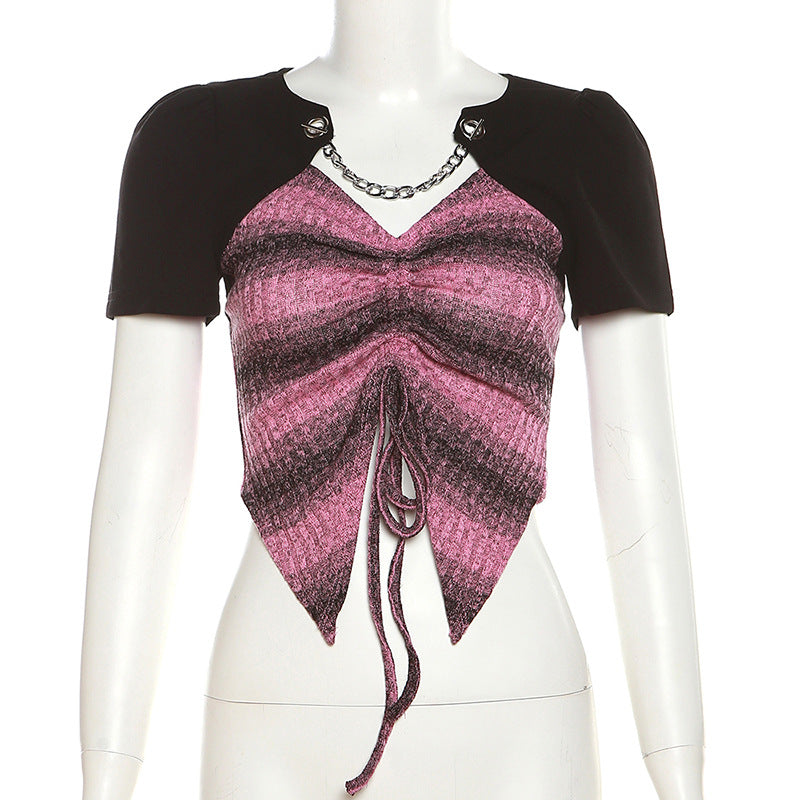 Fashion Drawstring V Neck Short Sleeves T Shirts