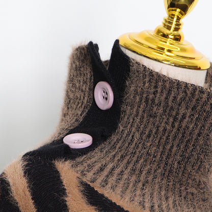 Fashion Designed Stand Collar Long Sleeves Knitted Sweaters with Belt