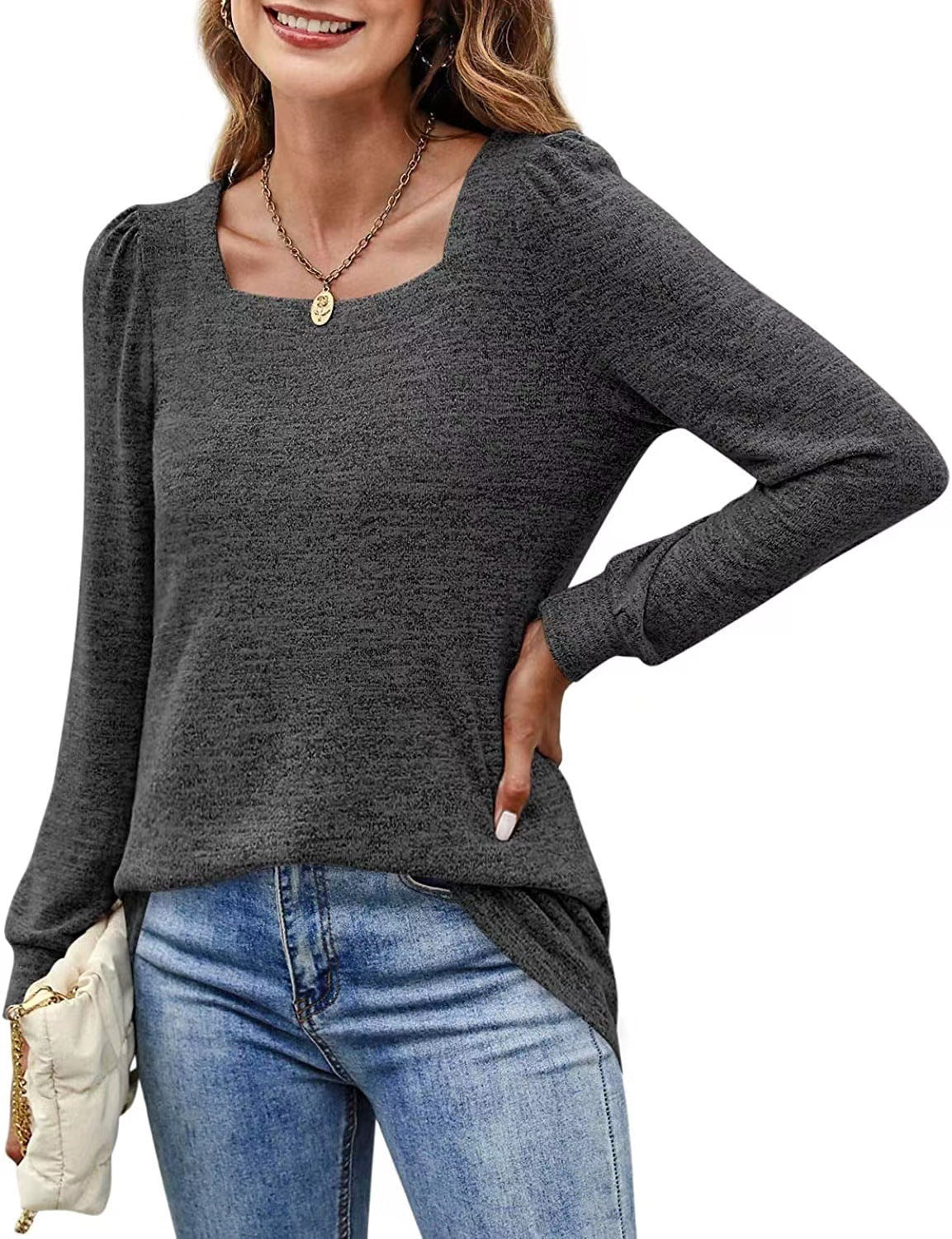 Fashion Square Neckline Long Sleeves Shirts