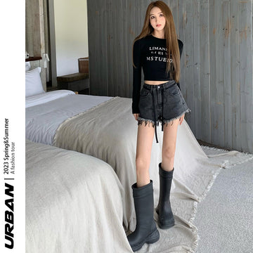 Summer Long Sleeves T Shirts and High Waist Denim Shorts