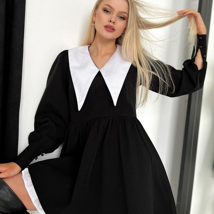 Designer Doll-Collar Cinched-Waist Slimming Little Black Dress