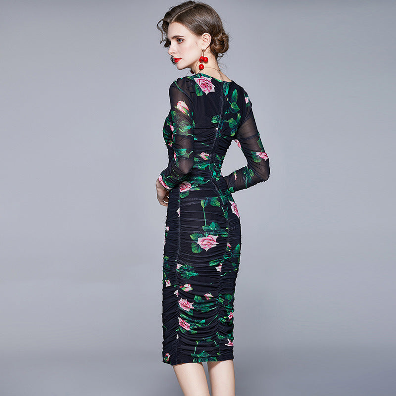 Sexy Designed Square Neckline Floral Print Midi Sheath Dresses