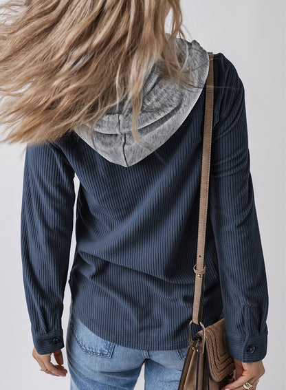 Women Lapel Buckle Cardigan Hooded Pull Rope Striped Jacket Coats