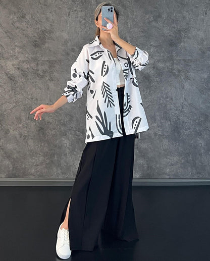 Casual Floral Print Long Sleeves Shirts & High Waist Pants