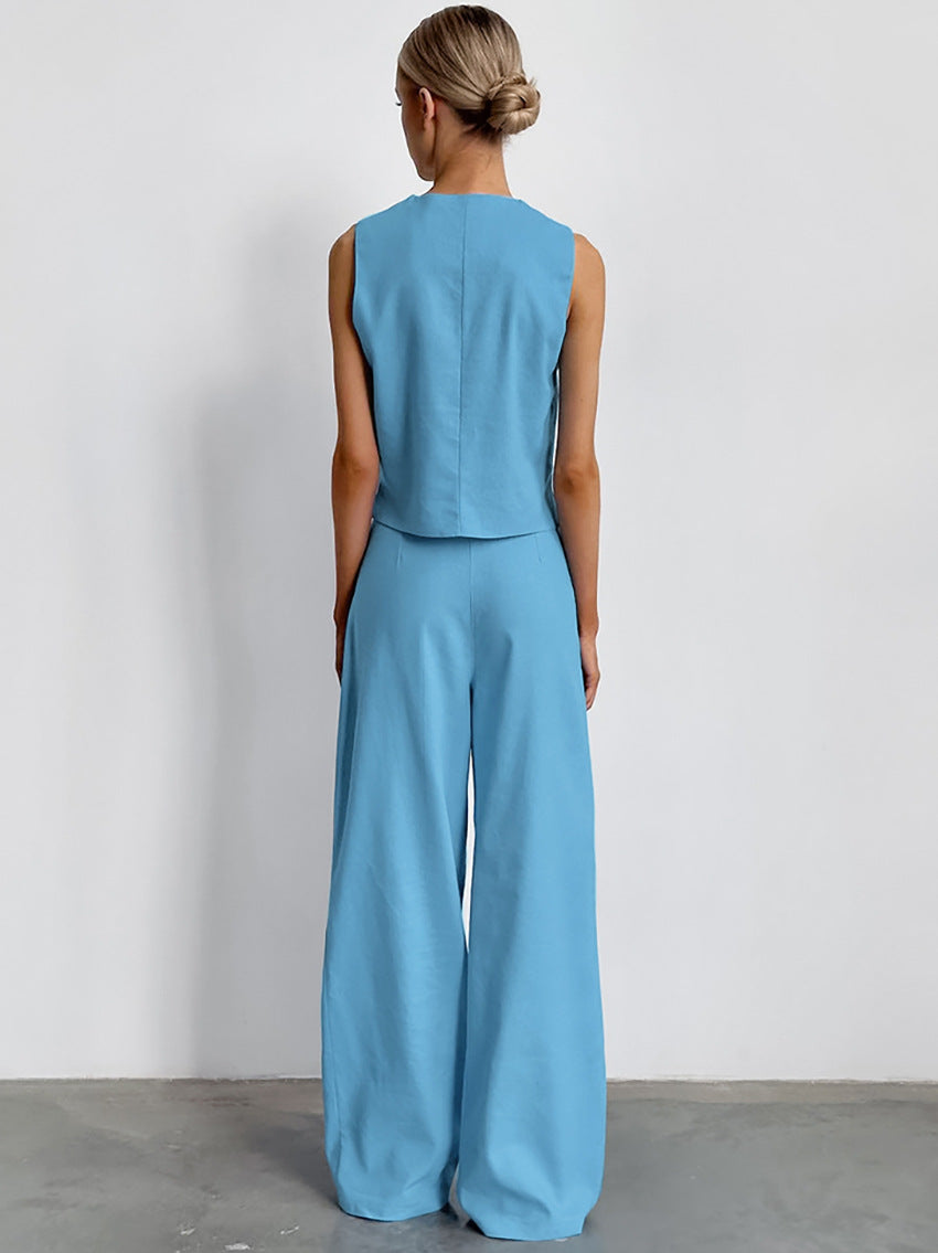 Casual V Neck Sleeveless Tops and Pant Suits