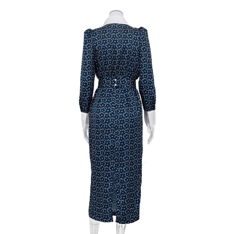Designer Print Lapel Collar Bodycon Maxi Dress