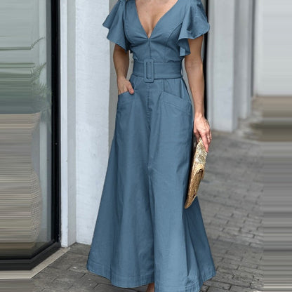 Fashion V Neck Ruffled Long Dresses