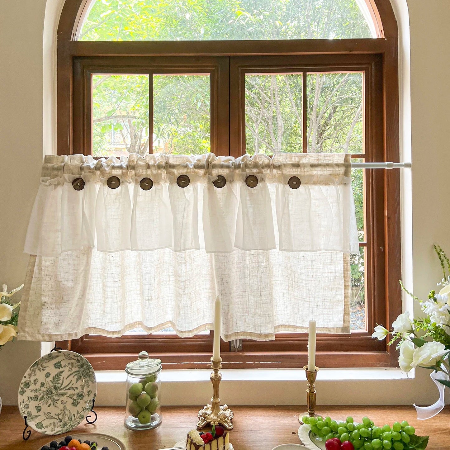 Countryside Double-layer Pleated Small Curtains For Kitchen,With Button Design Cafe Style Half Curtain,Affordable Linen Curtains