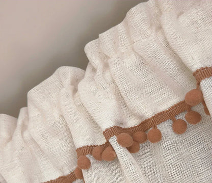 Kitchen Curtains Faux Linen Textured Small Cafe Window Curtain with Pom Pom Over Sink Light Filtering Short Curtain for Bathroom