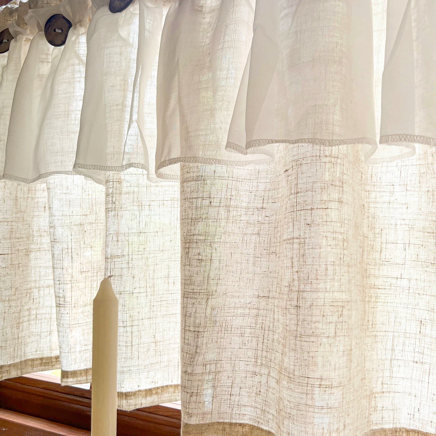 Countryside Double-layer Pleated Small Curtains For Kitchen,With Button Design Cafe Style Half Curtain,Affordable Linen Curtains