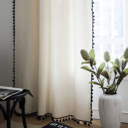 Boho Curtains Natural Linen Look Textured Burlap for Bedroom Rod Pocket Semi Blackout with Tassels Window Drapes for Living Room