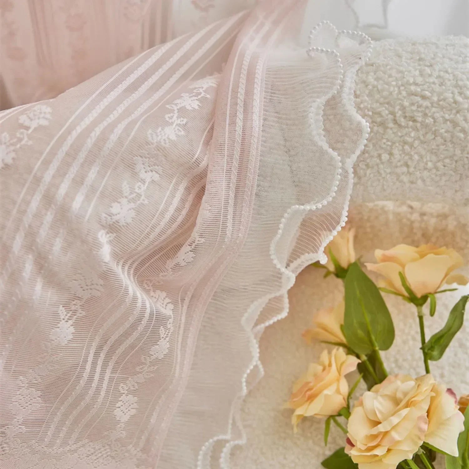 Pink Vertical Striped Rose Flower Lace With White Pearl Ruffled Tulle Curtains For Living Room Romantic Princess Bedroom Drapes