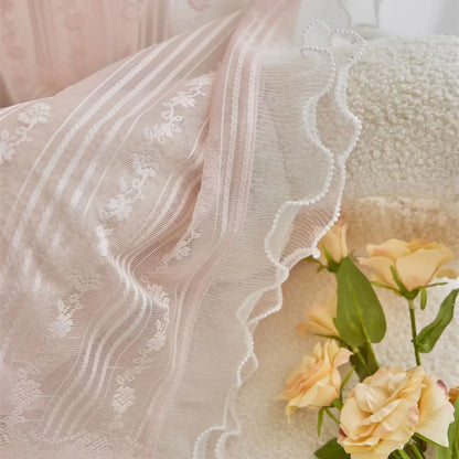 Pink Vertical Striped Rose Flower Lace With White Pearl Ruffled Tulle Curtains For Living Room Romantic Princess Bedroom Drapes