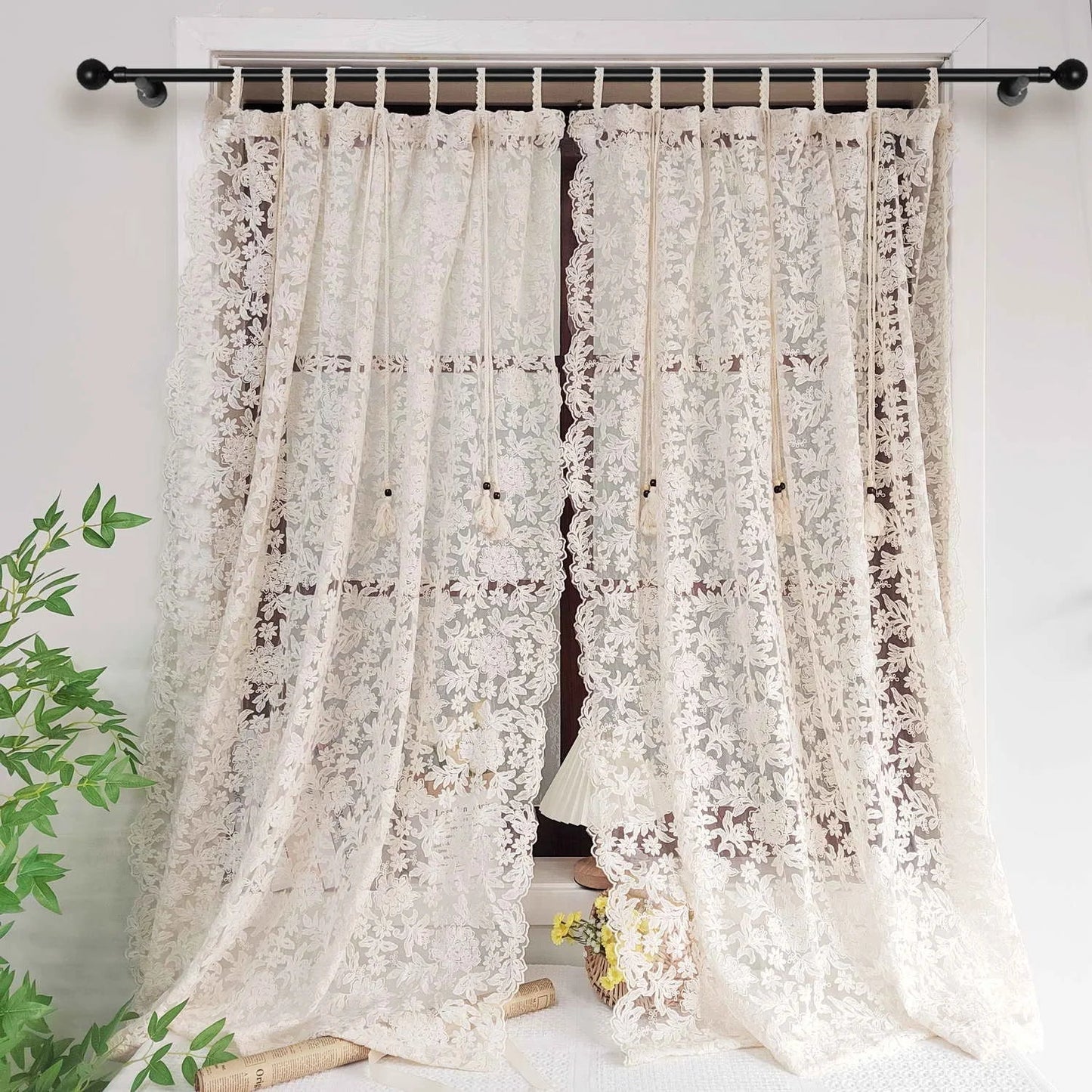 French Lace Tulle Curtain, Sling Tassel Special Design Beige Curtain For Bedroom Living Room, Window Curtain, Door Curtain