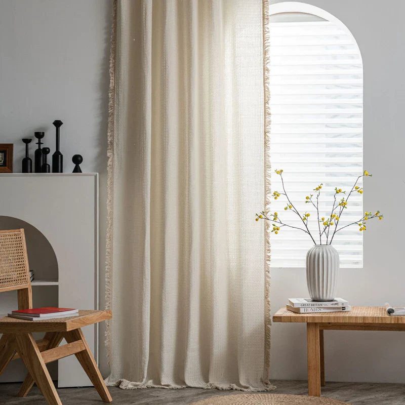 Waffle Weave Curtain with Tassels Rod Pocket Light Filtering Farmhouse Rustic Window Curtains for Bedroom Living Room Home Decor