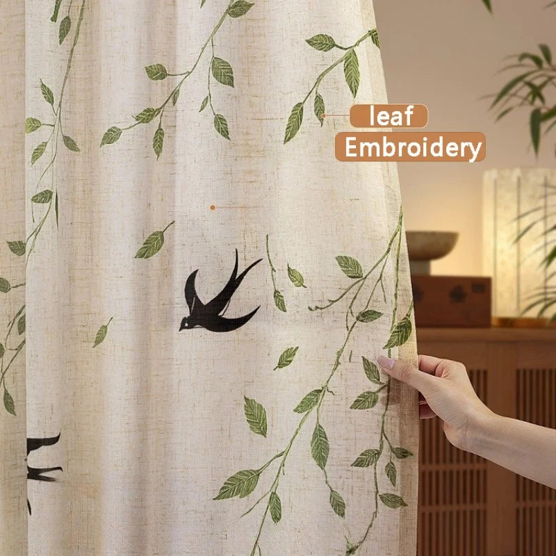 French Embroidered Bird Linen Curtain For Living Room, Privacy Sheer Curtain For Bedroom, Machine Washable .Easy Install Curtain
