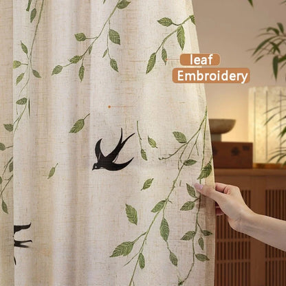 French Embroidered Bird Linen Curtain For Living Room, Privacy Sheer Curtain For Bedroom, Machine Washable .Easy Install Curtain