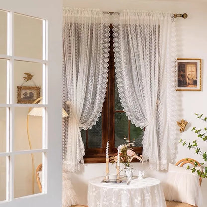 French Romantic White Geometric Star Floral Pattern Ruffles Sheer Lacework Curtains for Living Room Tulle for Windows Drapes