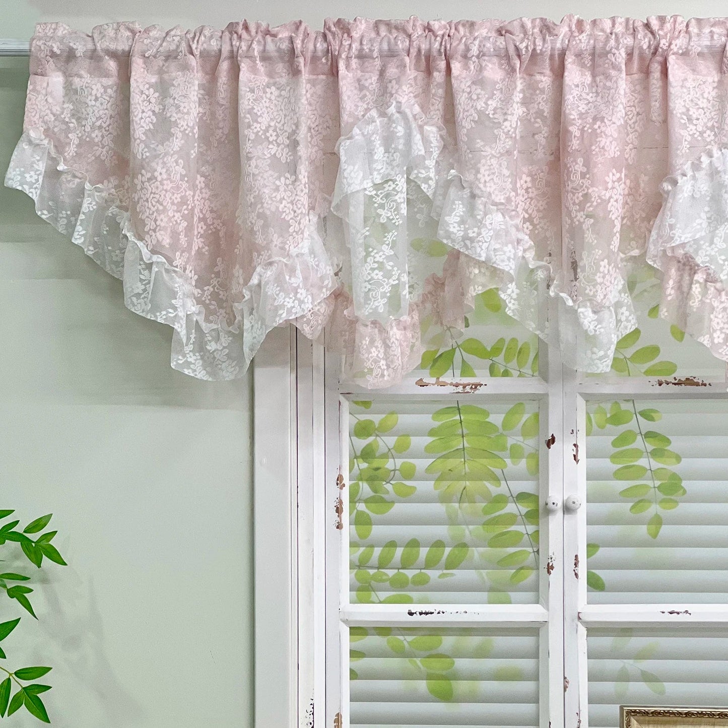 1Pc,Princess Style White Pink Double Layer Jacquard Lace with Ruffles Swag Waterfal Valance Sheer Curtains for Room Windows