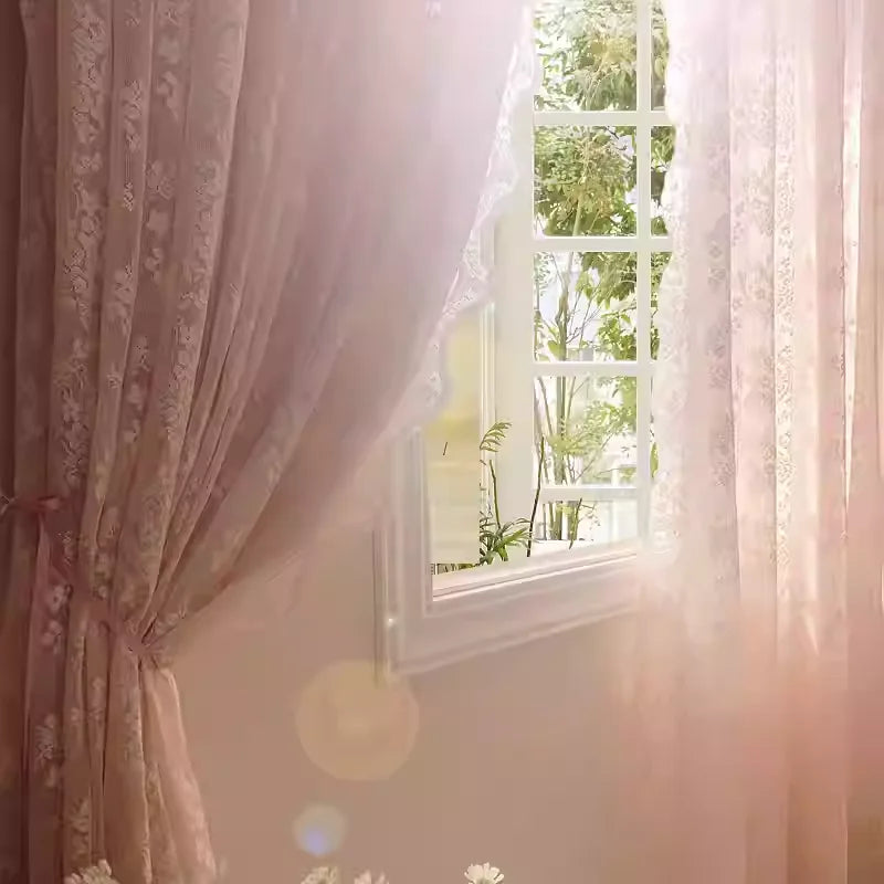 2PCS French Rustic Lace Pink Sheer Curtain For Luxurious Living Room, Princess Room, Balcony Drapes,Home Window Curtains