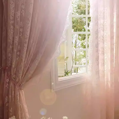 2PCS French Rustic Lace Pink Sheer Curtain For Luxurious Living Room, Princess Room, Balcony Drapes,Home Window Curtains