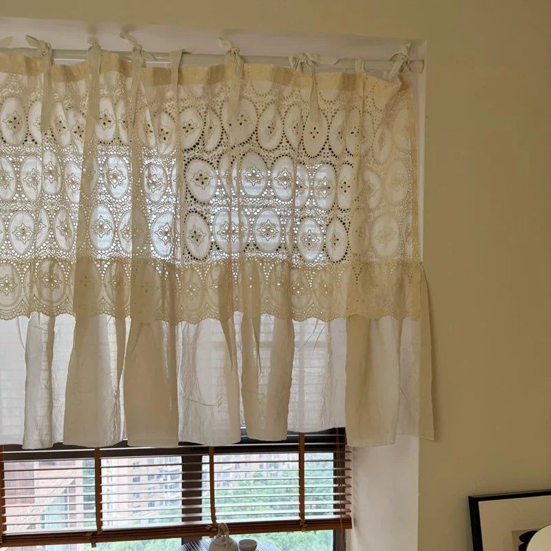 Kitchen Curtain Short Boho Sheer Lace Crochet Valance Tie Top with Ruffles Vintage Chic Curtain for Dinning Room Home Decoration