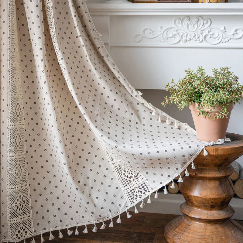 Boho Curtains Semi-Blackout Crochet Patchwork Floral Print Cotton Linen with Tassels Rod Pocket Window Drapes for Living Bedroom