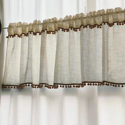 Kitchen Curtains Faux Linen Textured Small Cafe Window Curtain with Pom Pom Over Sink Light Filtering Short Curtain for Bathroom