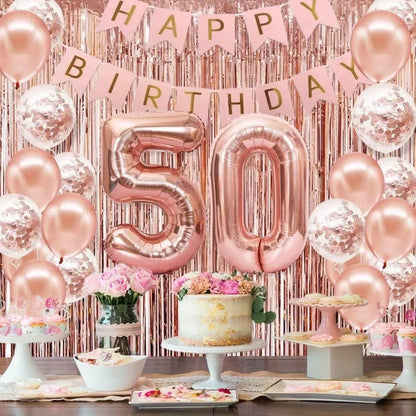 58Pc/Set 40-Inch Number Foil Balloons Party Backdrop Rain Curtain Rose Gold Glitter Balloons Happy Birthday Pink Banner Birthday Party Set Celebration Birthday Party Combo Set Suitable for 16Th 21St 30Th 40Th 50Th 60Th 70Th C