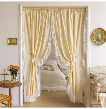 Light Yellow Daisy French Vintage Ruffle Lace Flower Semi Blackout Curtains Cotton Linen Window Door Cabinet Drapes for Bedroom