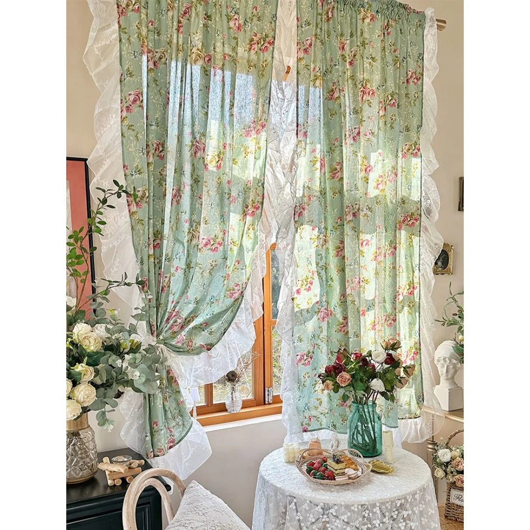American Vintage Window Curtains Floral Lace Country Rural Rococo Sheer Cortinas No-Drill Door Curtains For Living Room Bedroom