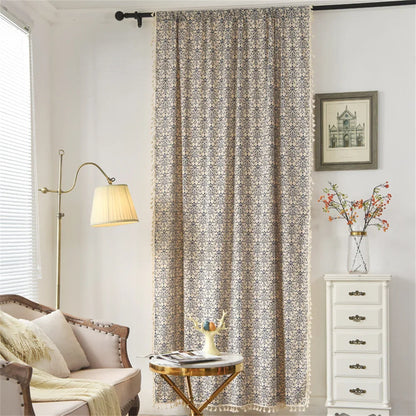 Clochef 1pc American Vintage Farmhouse Curtain Bohemian Imitation Linen Pure Hand Sewn Fringe Curtains Blue And White Porcelain