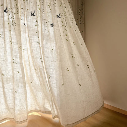 French Embroidered Bird Linen Curtain For Living Room, Privacy Sheer Curtain For Bedroom, Machine Washable .Easy Install Curtain