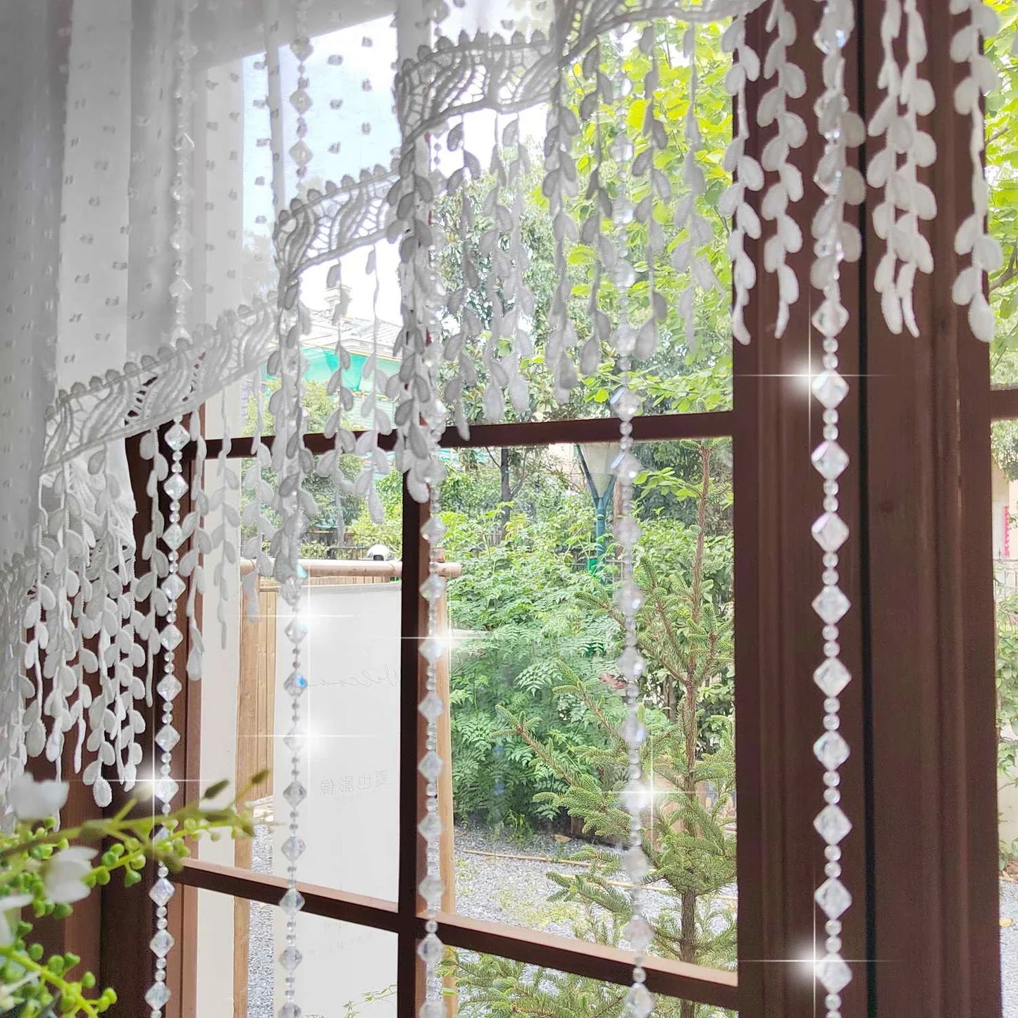 Luxury French Country Curtain with Embroidered Lace Crystal Pendants Semi Sheer Panel,Translucent Light Filtering Window Drapery