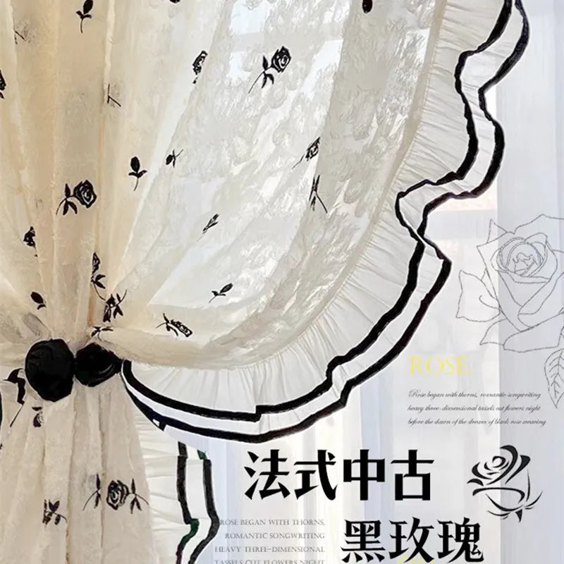 Black Embroidered Lace Rose Window Screen Embroidered Curtain with Lace Partition, Transparent But Not Transparent Curtains