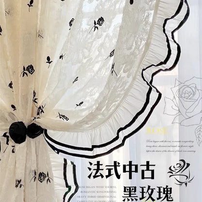 Black Embroidered Lace Rose Window Screen Embroidered Curtain with Lace Partition, Transparent But Not Transparent Curtains