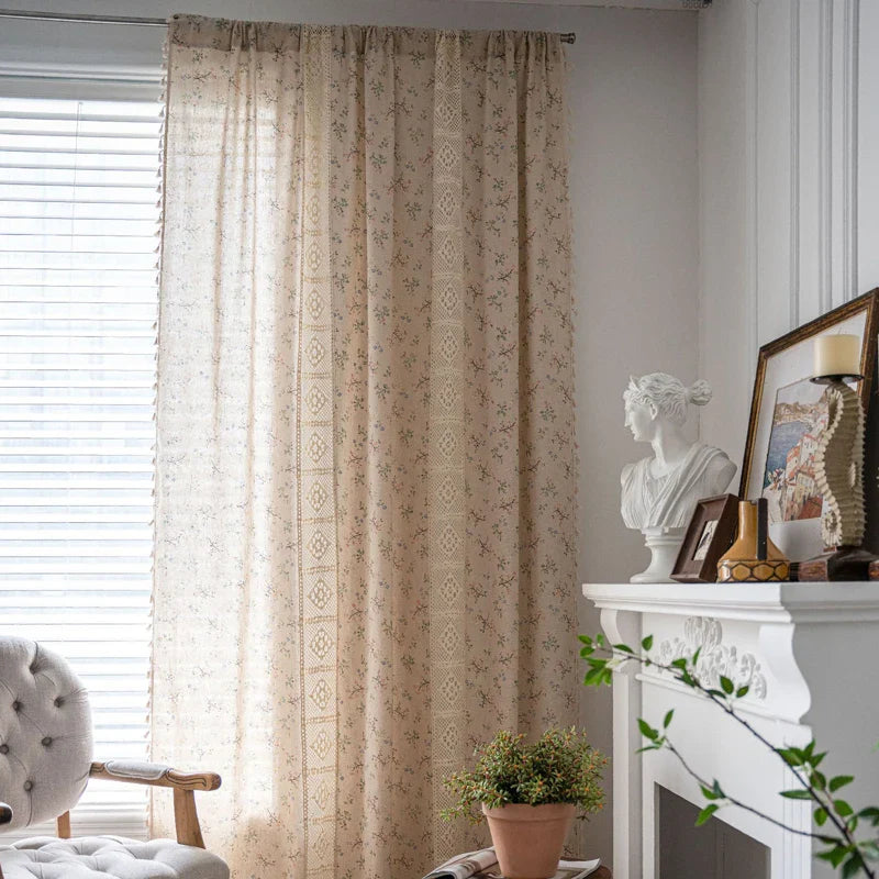 Boho Curtains Semi-Blackout Crochet Patchwork Floral Print Cotton Linen with Tassels Rod Pocket Window Drapes for Living Bedroom