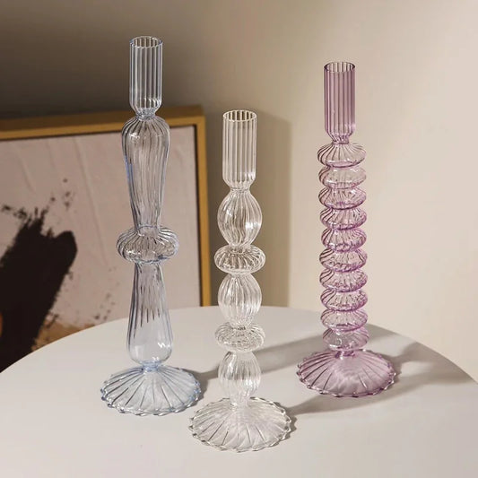 Nordic Glass Candle Holders Colorful Transparent Candlestick Flower Vase Wedding Party Table Centerpiece Home Decorations Crafts