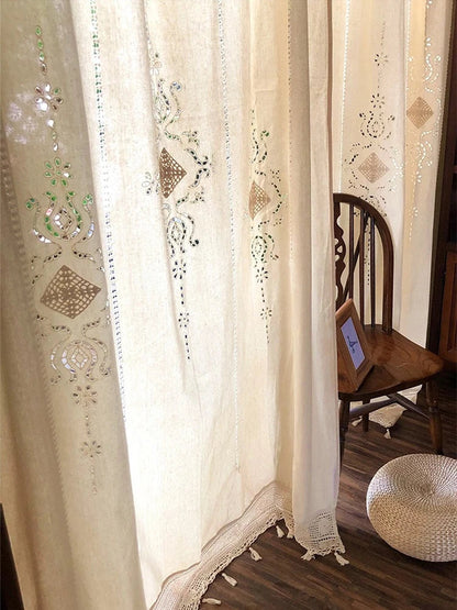 French Solid Cotton Linen Retro Hollow Curtain Handmade Crochet Bottom Stitching Blackout Window Curtain for Living Room