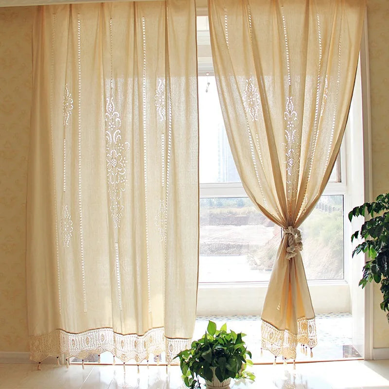 French Solid Cotton Linen Retro Hollow Curtain Handmade Crochet Bottom Stitching Blackout Window Curtain for Living Room