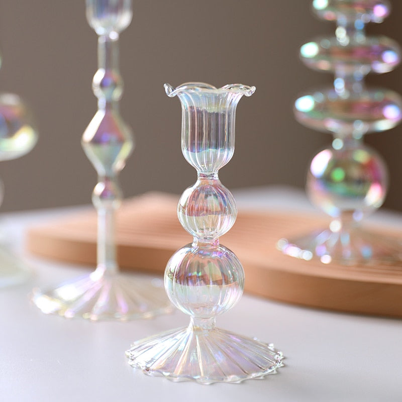 Luxury Iridescent Candle Holders Decor for Table Nordic Rainbow Vase Flower Home Decoration Glass Candlestick Wedding Centerpiec