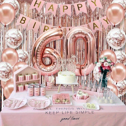58Pc/Set 40-Inch Number Foil Balloons Party Backdrop Rain Curtain Rose Gold Glitter Balloons Happy Birthday Pink Banner Birthday Party Set Celebration Birthday Party Combo Set Suitable for 16Th 21St 30Th 40Th 50Th 60Th 70Th C