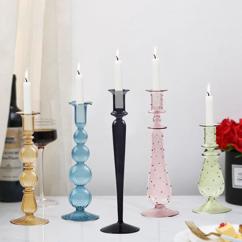 Unique Newest Long Stem Hand Blown Glass Candlestick Elegant Colored Candle Holder for Home Wedding Decoration