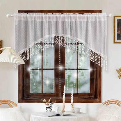 Luxury French Country Curtain with Embroidered Lace Crystal Pendants Semi Sheer Panel,Translucent Light Filtering Window Drapery