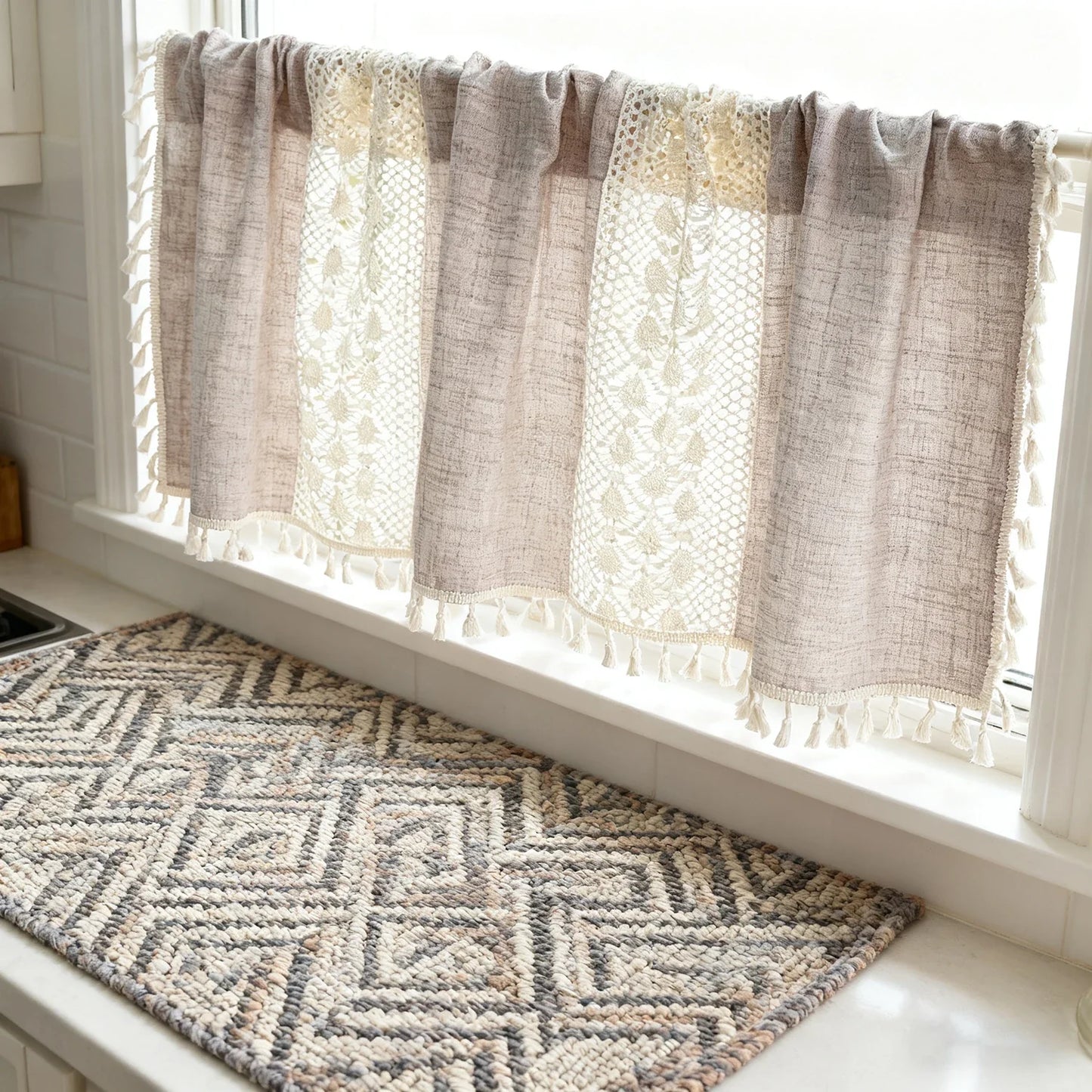 Bohemian Crochet Lace Kitchen Curtain with Tassel Trim, Spliced Design Boho Curtains for Window Panel Light Filtering Drape