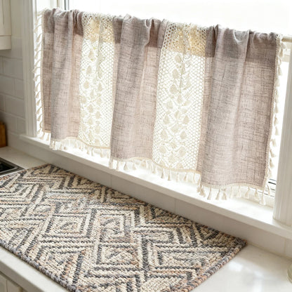 Bohemian Crochet Lace Kitchen Curtain with Tassel Trim, Spliced Design Boho Curtains for Window Panel Light Filtering Drape