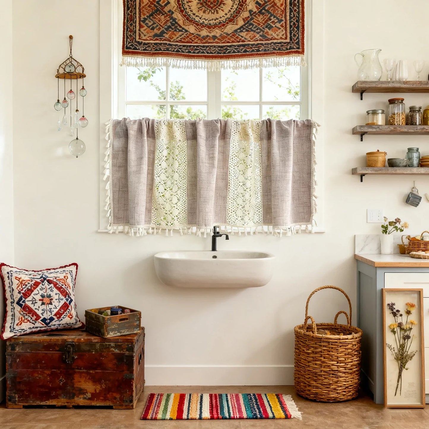 Bohemian Crochet Lace Kitchen Curtain with Tassel Trim, Spliced Design Boho Curtains for Window Panel Light Filtering Drape
