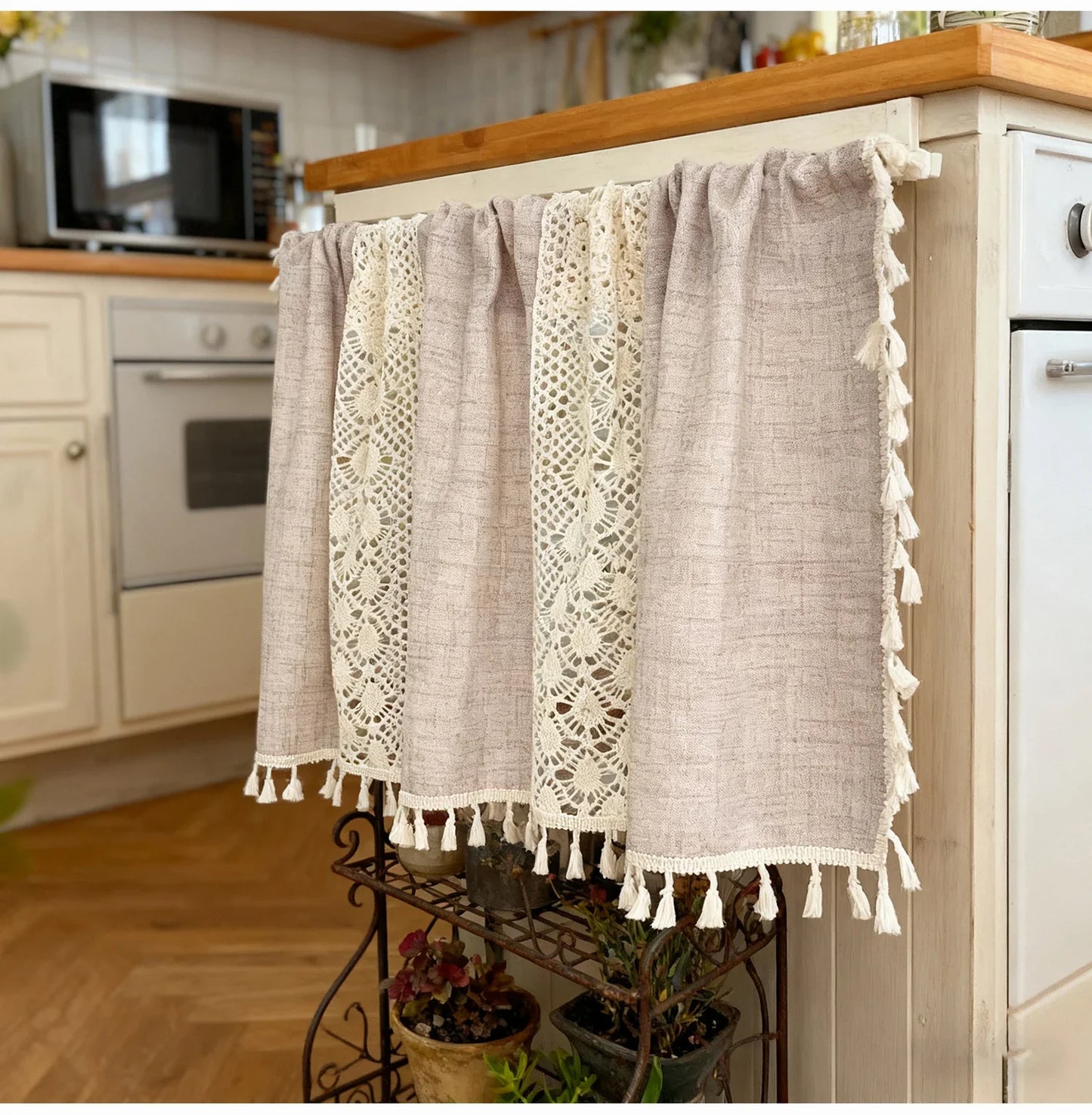 Bohemian Crochet Lace Kitchen Curtain with Tassel Trim, Spliced Design Boho Curtains for Window Panel Light Filtering Drape