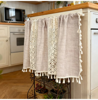 Bohemian Crochet Lace Kitchen Curtain with Tassel Trim, Spliced Design Boho Curtains for Window Panel Light Filtering Drape