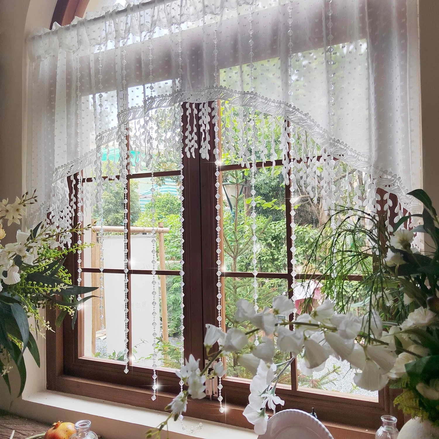 Luxury French Country Curtain with Embroidered Lace Crystal Pendants Semi Sheer Panel,Translucent Light Filtering Window Drapery